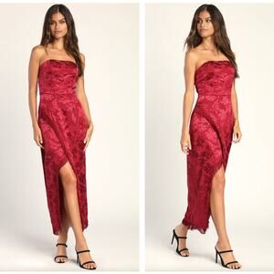 LULUS Ignite My Love Burgundy Embossed Strapless Fringe Midi Dress {BB17}